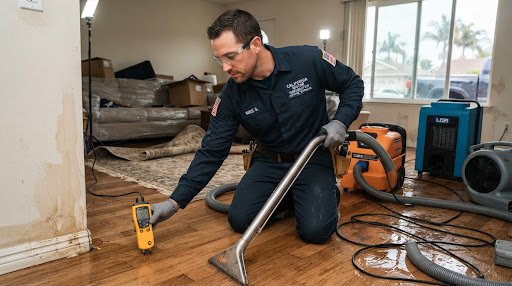 Certified Fontana water restoration technician operating moisture meter and industrial drying equipment